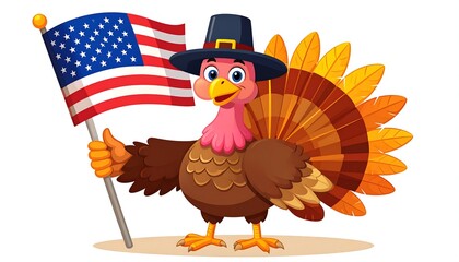 Cartoon turkey holding an American flag