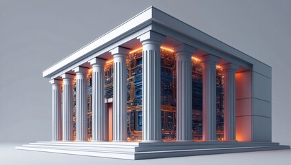 A futuristic bank with glowing circuit board columns