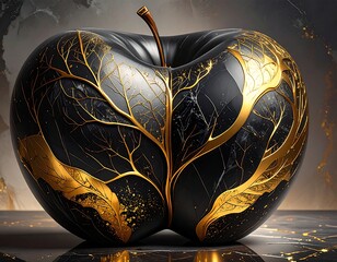Ornate black apple with gold leaf veins