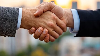 Two people shaking hands, wearing suits, cityscape background, golden hour - Powered by Adobe