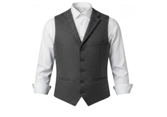 Mens grey tweed waistcoat and white shirt isolated on transparent background