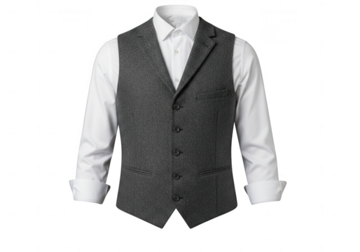 Mens grey tweed waistcoat and white shirt isolated on transparent background
