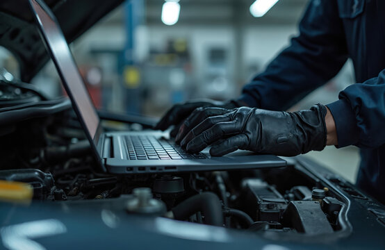 Mechanic uses laptop for car engine diagnostics in garage workshop. Modern vehicle maintenance employs tech, software for analysis, repair, inspection, calibration. Pro automotive service utilizes