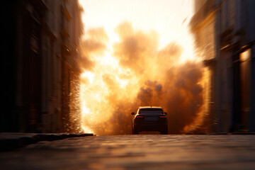 Intense Car Escape from Urban Explosion

