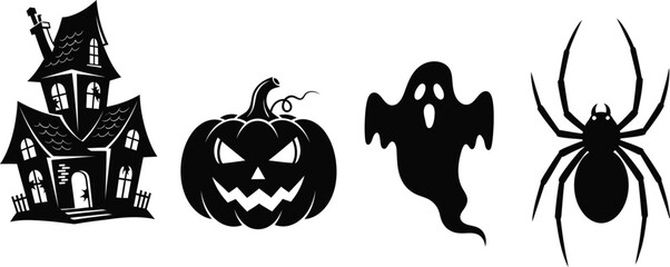 Fototapeta premium Spooky halloween silhouettes of a haunted house pumpkin ghost and spider art