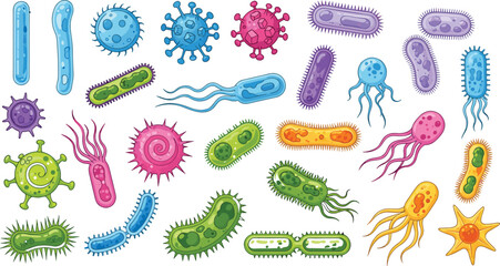Colorful microscopic bacteria and virus illustrations, infectious microorganisms, pathogens, microbes, germs, disease causing agents, vector art.
