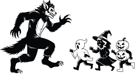 Cartoon werewolf chasing children in halloween costumes on a white background