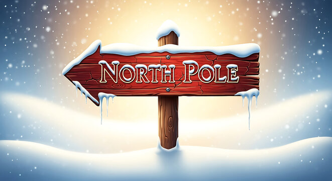North Pole wooden sign, rustic winter directional arrow, snowy landscape