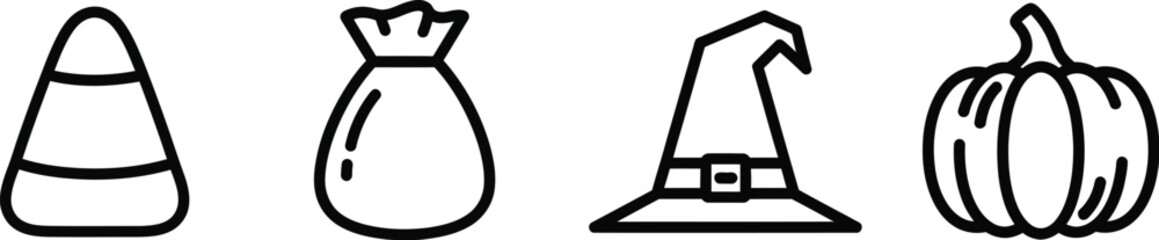 Halloween icons featuring candy corn treat bag witch hat and pumpkin outline