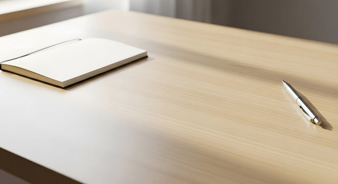 Light wood table with left corner with notepad, right corner with metallic pen, soft natural light, clean center - Powered by Adobe