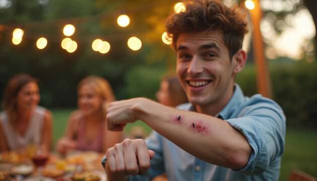 Young man shows mosquito bites on arm at summer evening outdoor gathering. Friends laugh, enjoy campfire light, warm bokeh, festive celebration. Camping, relaxation, fun, backyard party.
