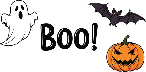Cartoon halloween illustration with ghost bat pumpkin and the word boo
