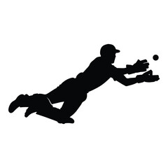 Silhouette of a cricketer making a diving catch in action silhouette