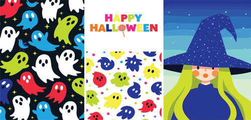 Naklejka premium Spooky fun and festive Halloween design elements with adorable cartoon ghosts, playful patterns, and a charming witch illustration for seasonal projects