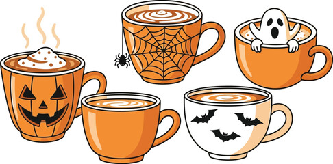 Spooky halloween themed coffee cups with ghost spiderweb jackolantern designs