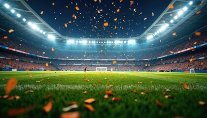 Soccer stadium illuminated at night, grass field with confetti falling. Dramatic spotlights light up arena during thrilling football match celebration. Empty seats suggest victorious championship