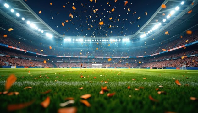 Soccer stadium illuminated at night, grass field with confetti falling. Dramatic spotlights light up arena during thrilling football match celebration. Empty seats suggest victorious championship - Powered by Adobe