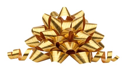 Shiny gold gift bow with curling ribbons on a clean white background, perfect for celebrations.