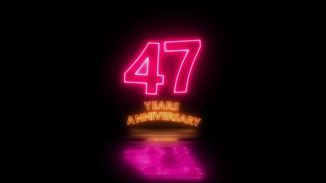 Glowing neon 47 years anniversary emblem. Anniversary icon or label. front of dazzling fireworks 47 years celebration and congratulation design element splash convert animated explosion animation.