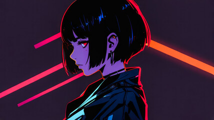 Dark-haired cool gothic anime woman with short haircut in neon colors