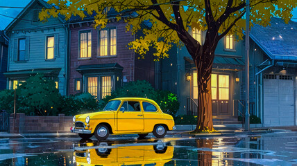 Fototapeta premium Anime-style rainy city street. A vintage yellow car parked in front of a house.