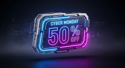 Cyber monday futuristic cyber monday sale badge with 50 off discount, neon glowing light effect, modern technology style, perfect for online promotion campaign