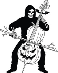 Grim reaper playing a jacko'lantern cello on a white background illustration