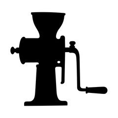 Silhouette of a vintage hand crank meat grinder for food preparation