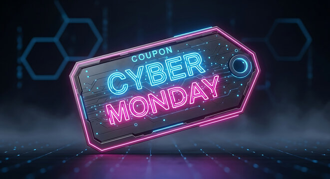 Cyber monday futuristic cyber monday coupon tag with neon glowing light effect, modern technology style, perfect for online promotion campaign and special offer