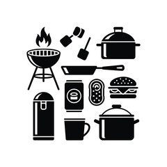 Barbecue cooking utensils and food icons representing outdoor grilling and picnic meal preparation