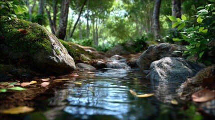 Serene Forest Stream with Mossy Rocks and Lush Greenery