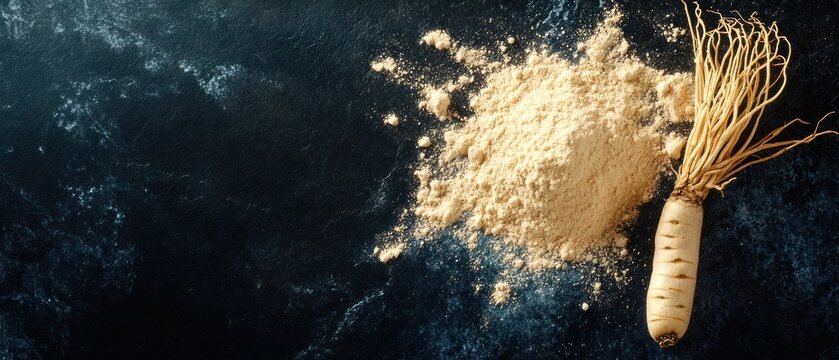 Ginseng root and powder overhead view of beige herbal ingredient on dark background