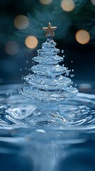 Water sculpted into a Christmas tree shape, star on top, ripples in water