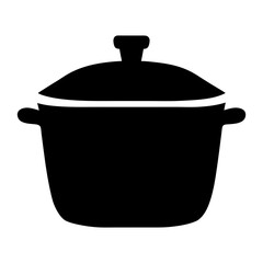 A simple black silhouette of a covered cooking pot with handles