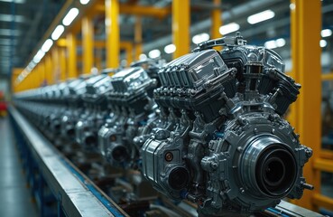 Fototapeta na wymiar Automobile engine production line, car parts assembled meticulously in manufacturing facility. Rows of shiny metal engines on assembly conveyor. Industrial workshop setting with machinery,