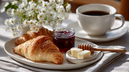 Delicious Breakfast with Croissants and Coffee
