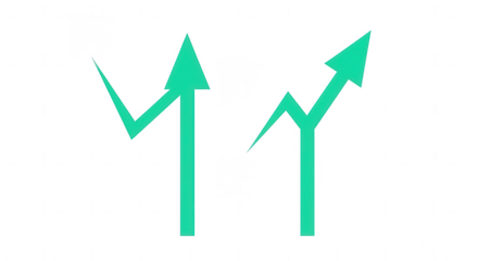 Two green upward trend arrows isolated on transparent background