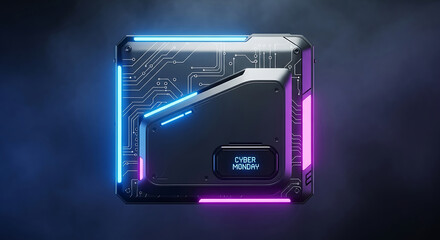 Cyber monday a futuristic neon cube glows, representing technology, innovation, and modern design in a digital world with circuit board elements