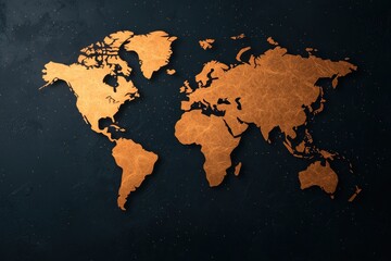 A textured world map in gold tones against a dark background, emphasizing global geography and cartography.