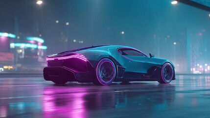 Obraz premium Futuristic car with neon lights parked on a wet street during a nighttime urban setting