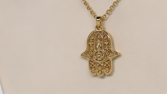 Necklace Adorned with Gold Plated Hamsa or Fatima Hand Symbol on Neutral White Background