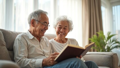Happy Asian senior couple reading book together on couch. Older man, senior woman laughing. Ageing society, after retirement lifestyle on weekend. Focus on relationships, happiness, joy, love,