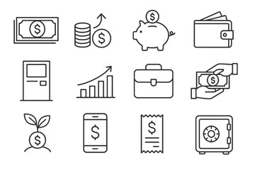 Linear financial icons. Includes profit arrows, secure safe, receipt, briefcase and money exchange. Minimal outline collection for earnings and business.