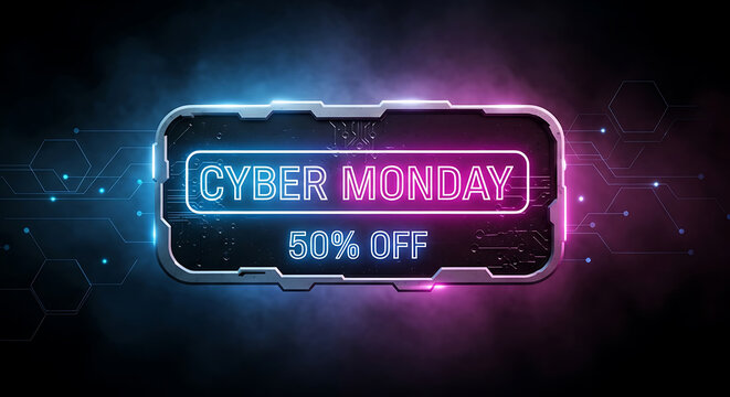 Cyber monday cyber monday neon sign with 50 off text, glowing in blue and pink, on a dark background with smoke, perfect for online sales promotion campaign