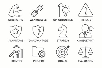 SWOT analysis line icon set. Outline icons of strengths, weaknesses, opportunities, threats, strategy and project management. Consulting vector pack.