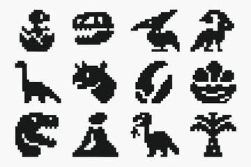 Solid pixel dinosaur icons. Includes roaring T-Rex, Pterodactyl, Brontosaurus, volcanic rock and prehistoric plants. Minimal pixel art vector set. © VectorGomes