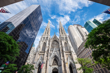 Front view of St. Patrick’s Cathedral in New York City, showcasing its neo-Gothic architecture...