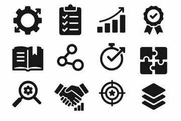 Best practices icon set. Solid vector icons of workflow, guidelines, performance, standards, improvement and methodology. Corporate efficiency pack.
