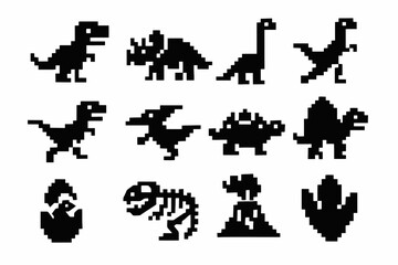 Solid pixel icons of dinosaurs. Includes Brachiosaurus, Pterodactyl, Ankylosaurus, Spinosaurus, footprint and cracked egg. Minimal pixel art collection. © VectorGomes