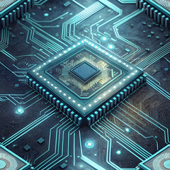 Closeup of a glowing futuristic microchip on a complex circuit board